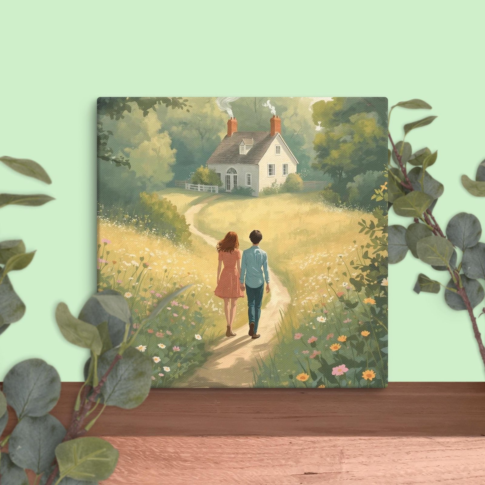 Garden Path Lovers Canvas Print – Romantic Cottagecore Wall Art, Countryside Couple Painting, Soft Impressionist Home Decor - Image 2