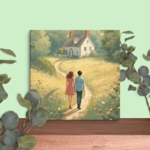 Garden Path Lovers Canvas Print – Romantic Cottagecore Wall Art, Countryside Couple Painting, Soft Impressionist Home Decor