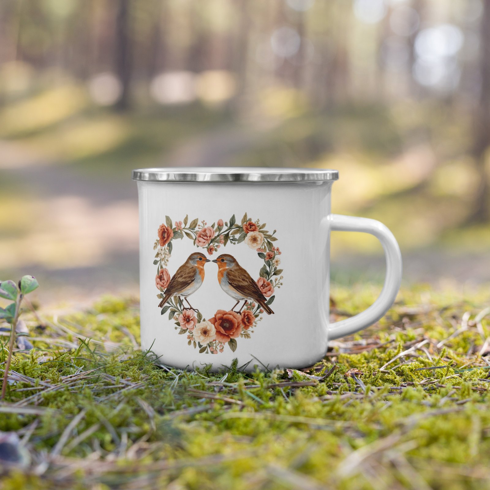 Floral Robin Valentine Enamel Mug – Cottagecore Romantic Gift