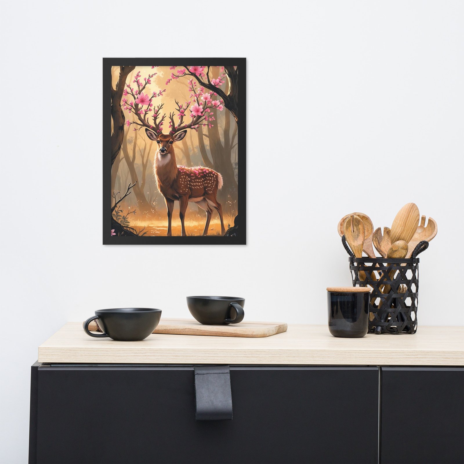 Whimsical Cottagecore – Mystical Deer with Cherry Blossom Antlers | Framed poster