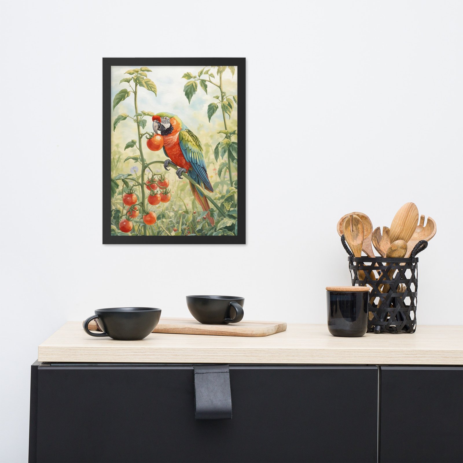 Cottagecore Garden Tales – Parrot in the Tomato Garden | Framed poster