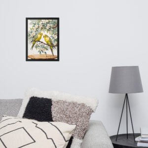 Parakeets & Pear Blossoms – Rustic Spring Cottagecore Framed Poster