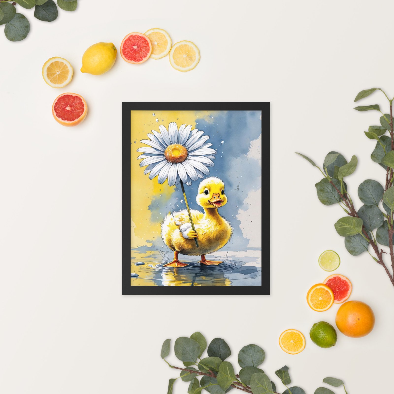 Cottagecore Garden Tales – Duckling with Parasol | Whimsical Watercolour Framed poster