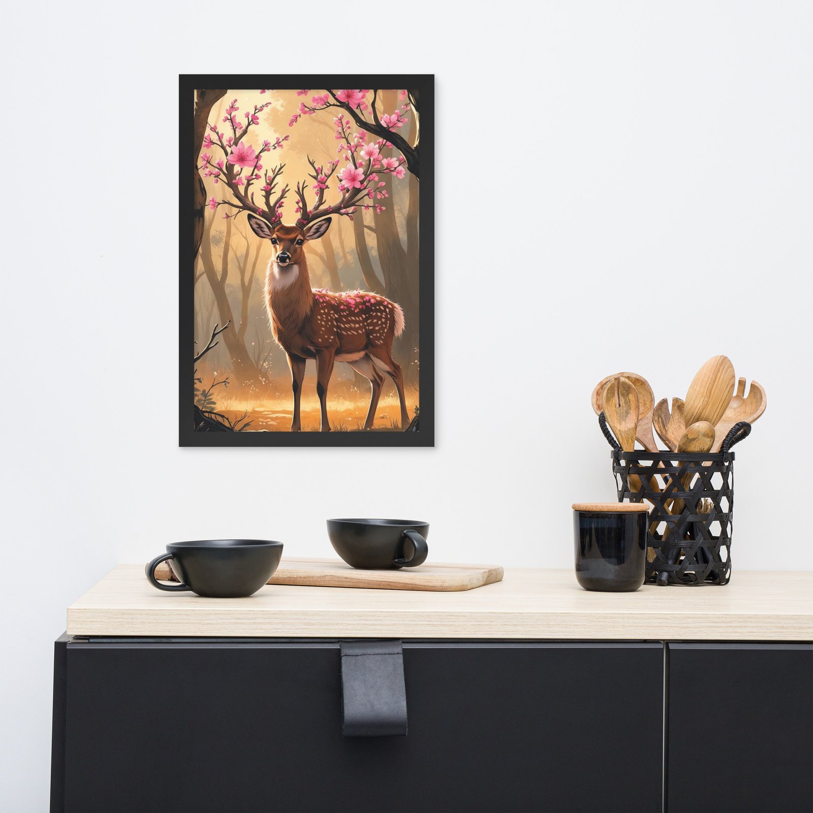 Whimsical Cottagecore – Mystical Deer with Cherry Blossom Antlers | Framed poster - Image 4
