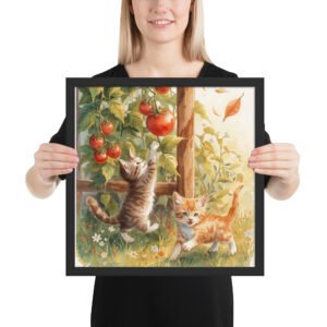 Cottagecore Garden Tales – Playful Kittens by the Tomato Trellis | Cottage Garden Framed Poster