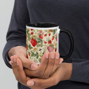 Cottagecore Picnic – Strawberry & Honeybee Pattern| White Ceramic Mug with Color Inside