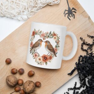 Floral Robin Valentine White glossy Mug – Cottagecore Romantic Gift