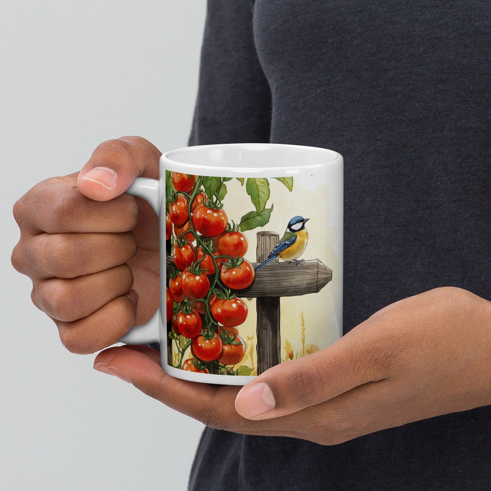 Cottagecore Garden Tales – Tomato Vine & Robin Illustration | White Glossy Mug - Image 4