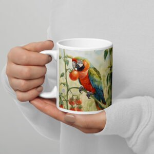 Cottagecore Garden Tales – Parrot in the Morning Garden Illustration | White Glossy Mug