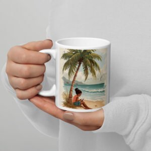 Seaside Cottagecore – Little Girl by the Coconut Tree | White Glossy Mug