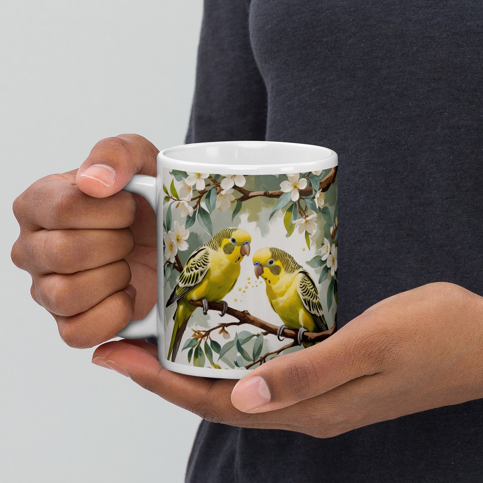 Parakeets & Pear Blossoms – Valentine’s Edition | White glossy mug