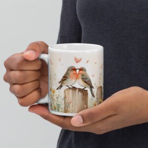 Cottagecore Lovebirds White Glossy Mug – Romantic Bird Valentine Gift
