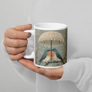 Bluebirds in love Under a Lace Parasol–Vintage Cottagecore Bird White glossy mug