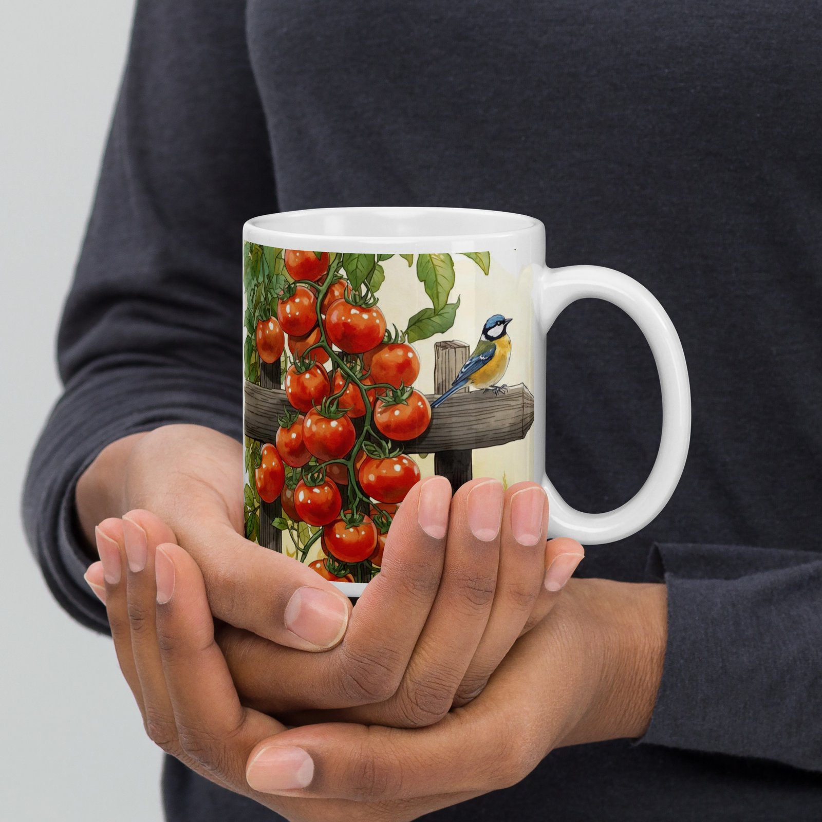 Cottagecore Garden Tales – Tomato Vine & Robin Illustration | White Glossy Mug - Image 5