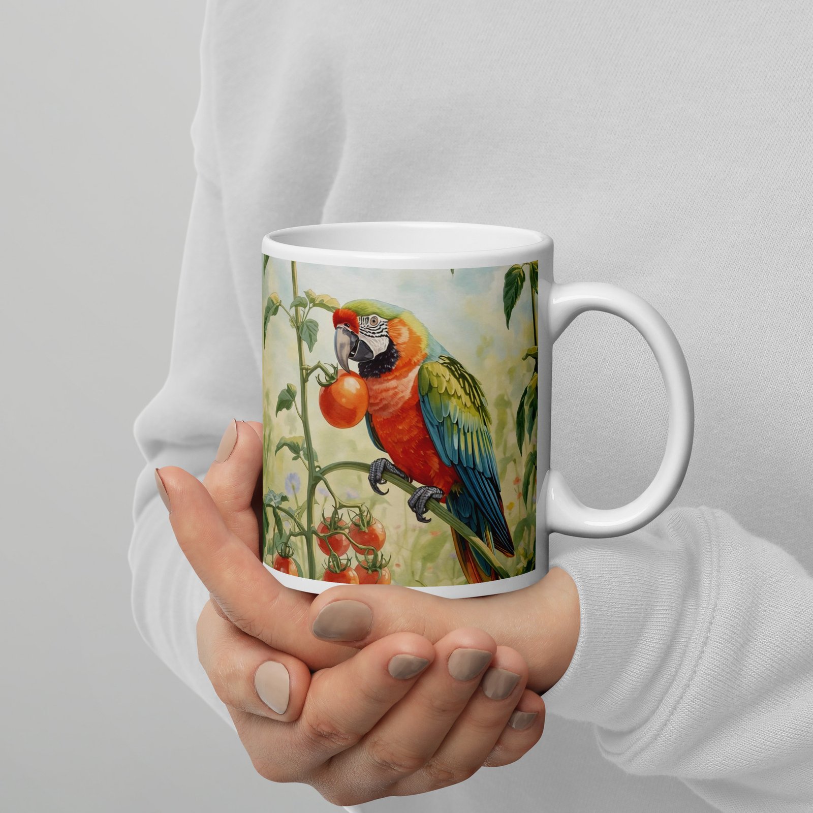Cottagecore Garden Tales – Parrot in the Morning Garden Illustration | White Glossy Mug - Image 3