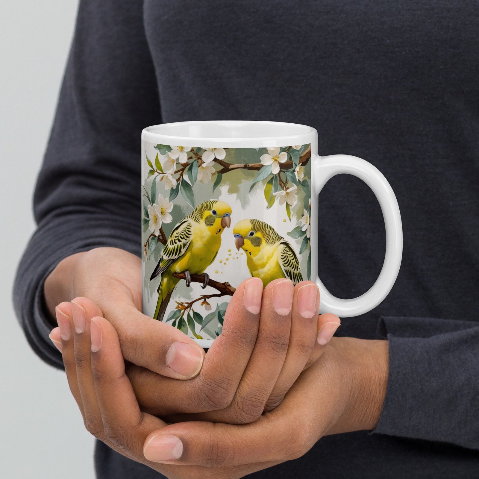 Parakeets & Pear Blossoms – Valentine’s Edition | White glossy mug - Image 2