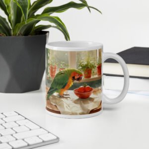 Cottagecore Kitchen Tales – Parrot & Tomato Illustration | White Glossy Mug