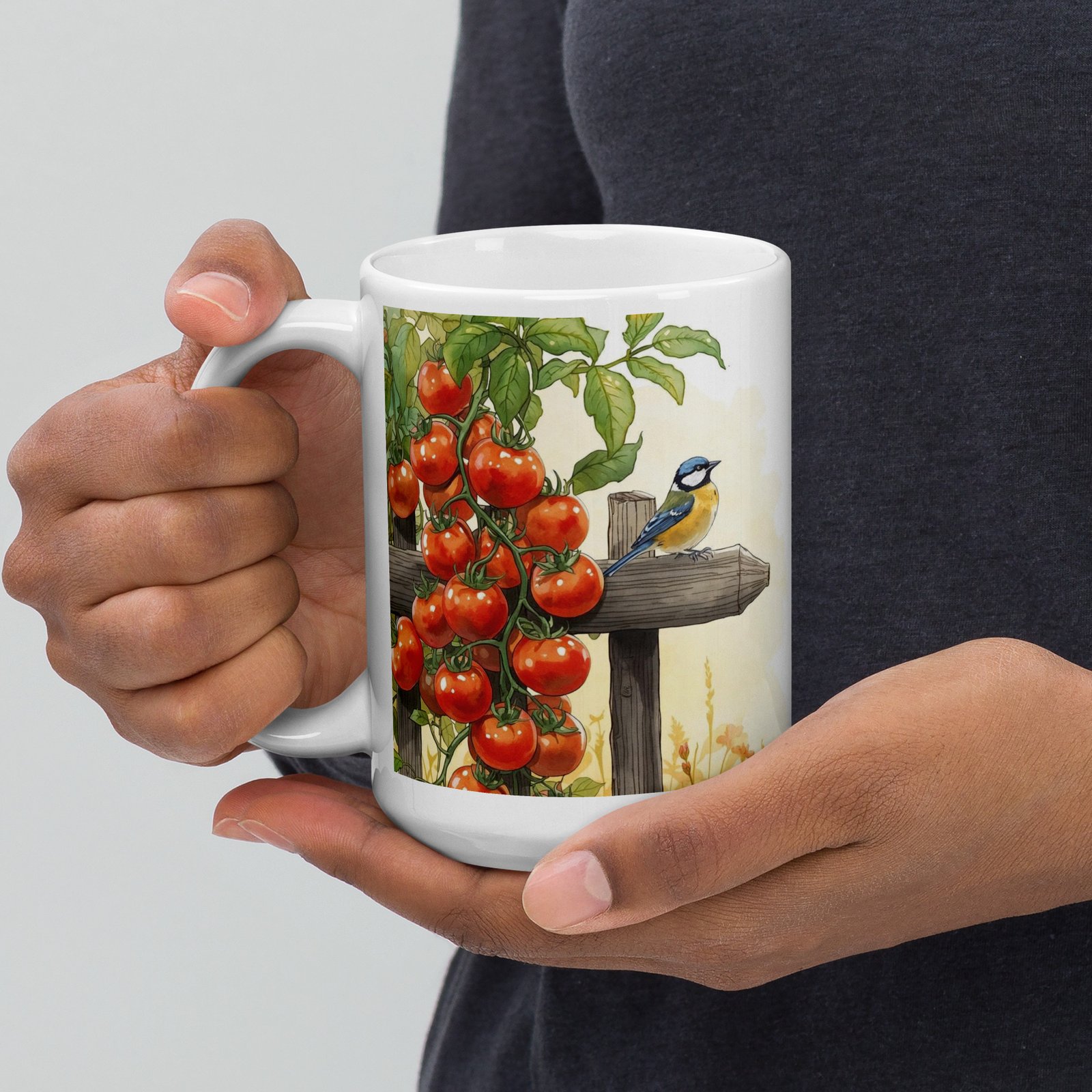 Cottagecore Garden Tales – Tomato Vine & Robin Illustration | White Glossy Mug - Image 2
