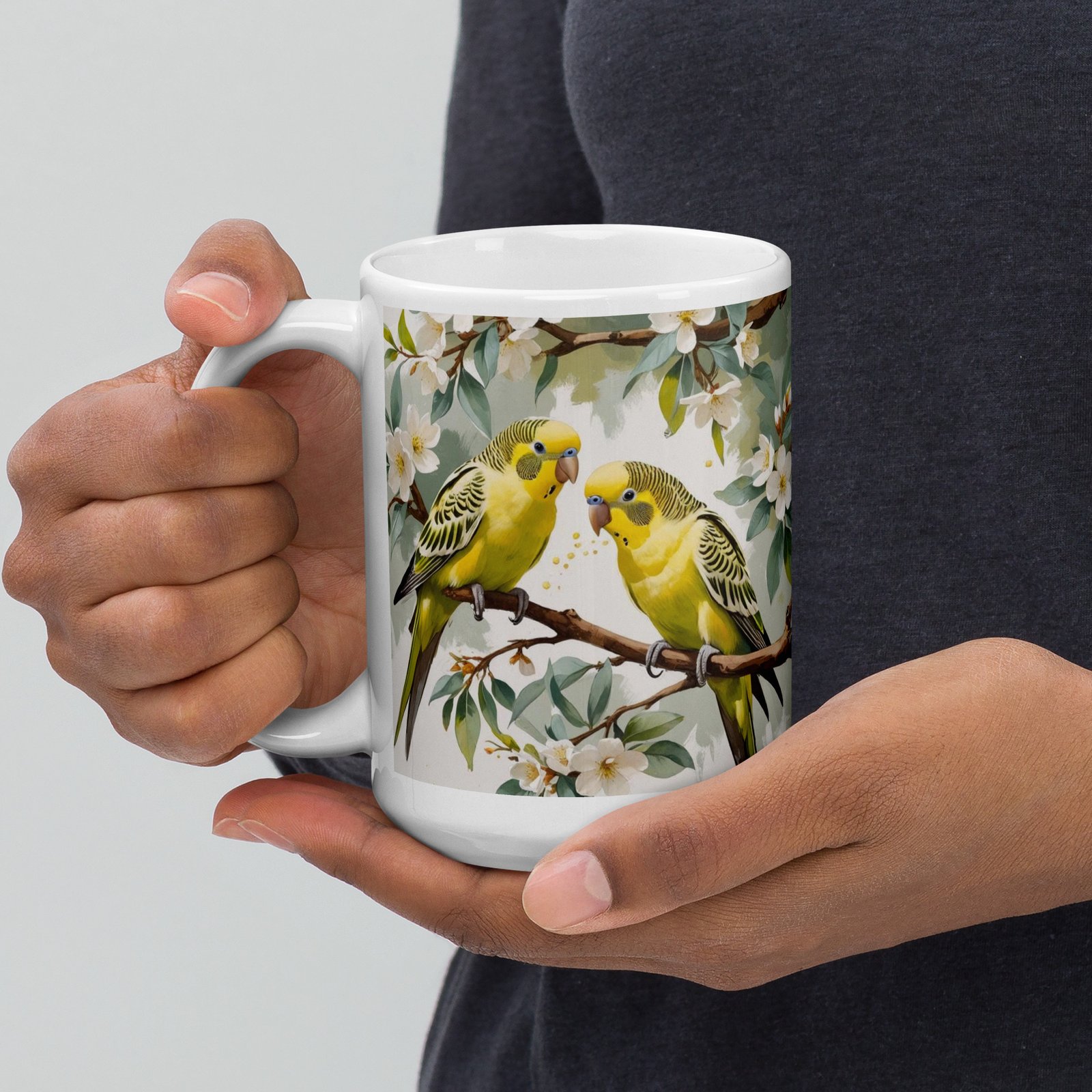 Parakeets & Pear Blossoms – Valentine’s Edition | White glossy mug - Image 4