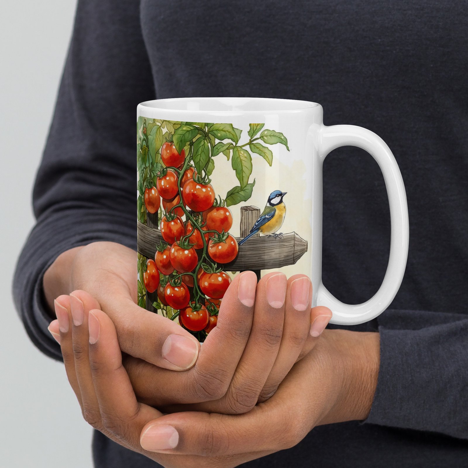 Cottagecore Garden Tales – Tomato Vine & Robin Illustration | White Glossy Mug - Image 3