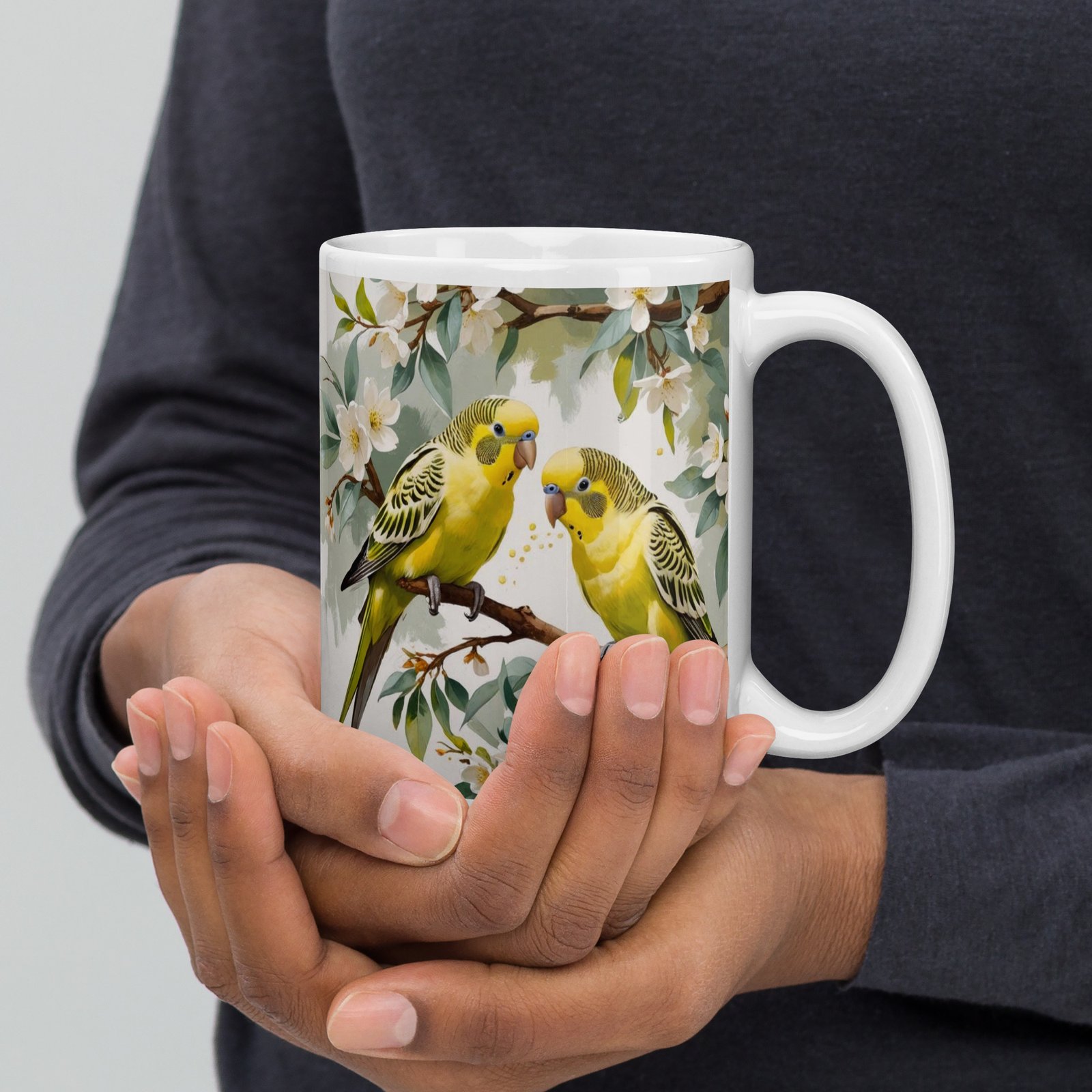 Parakeets & Pear Blossoms – Valentine’s Edition | White glossy mug - Image 3