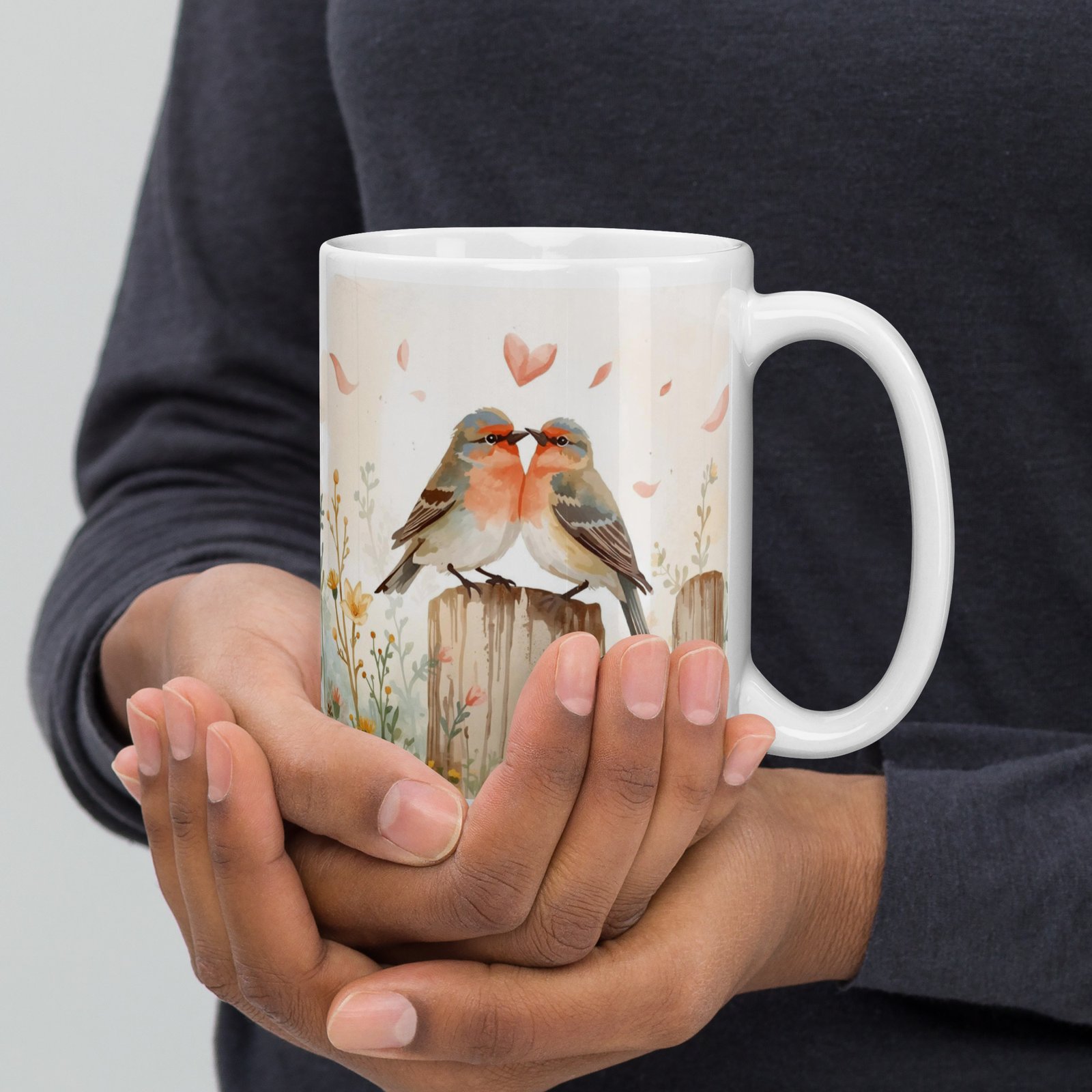 Cottagecore Lovebirds White Glossy Mug – Romantic Bird Valentine Gift - Image 3