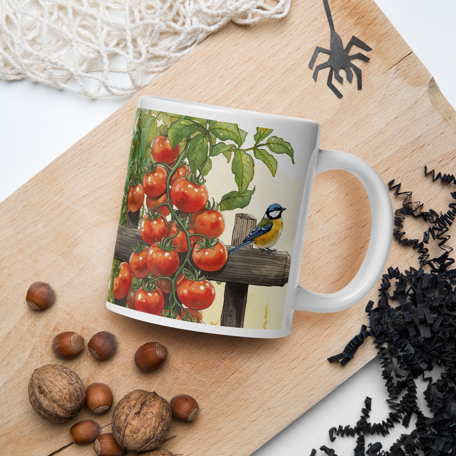Cottagecore Garden Tales – Tomato Vine & Robin Illustration | White Glossy Mug