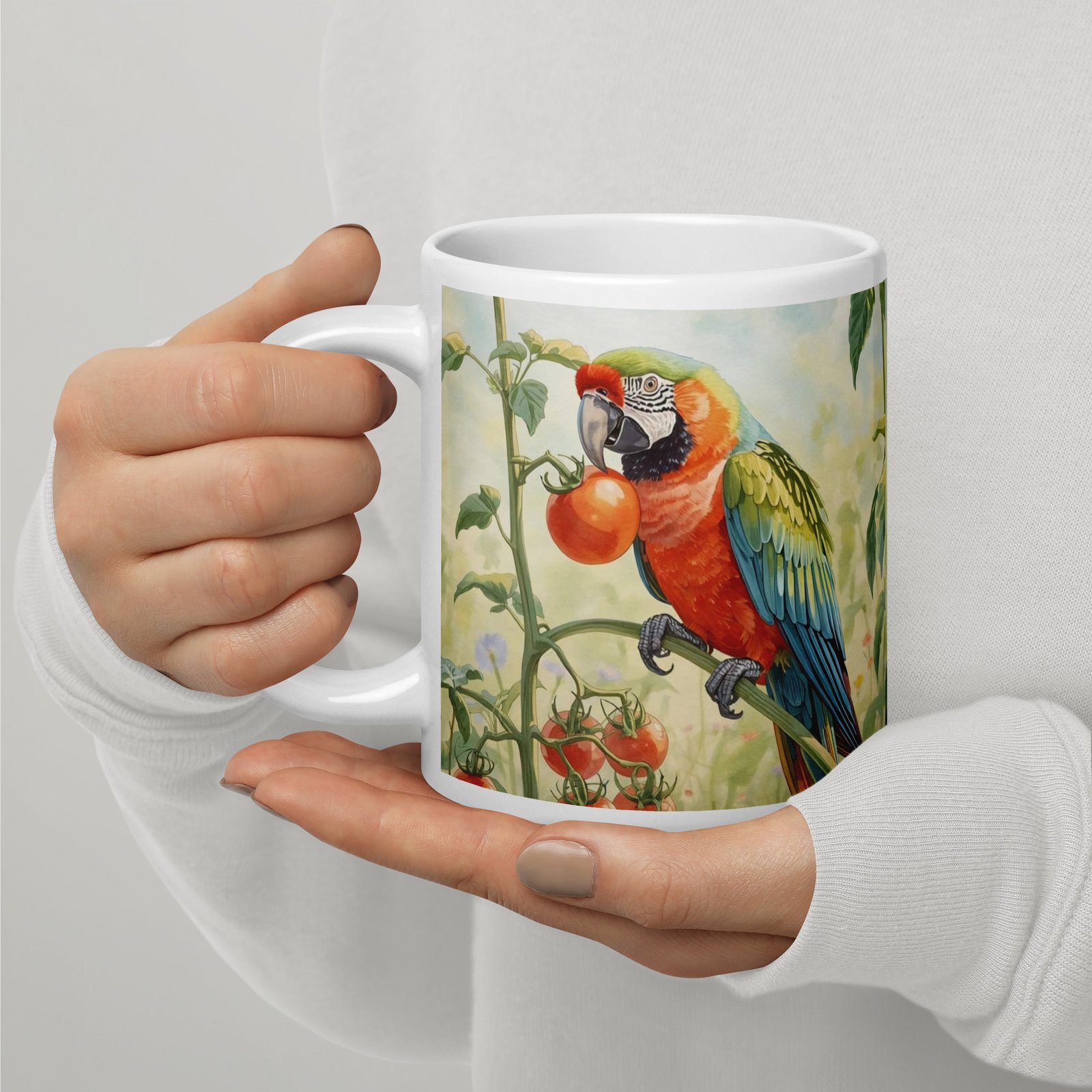 Cottagecore Garden Tales – Parrot in the Morning Garden Illustration | White Glossy Mug - Image 6