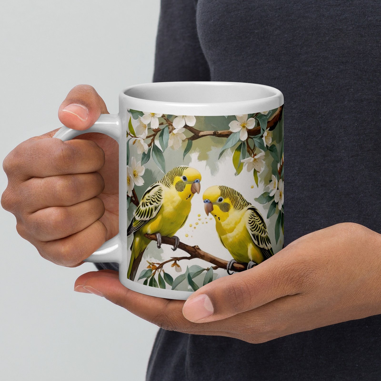 Parakeets & Pear Blossoms – Valentine’s Edition | White glossy mug - Image 6