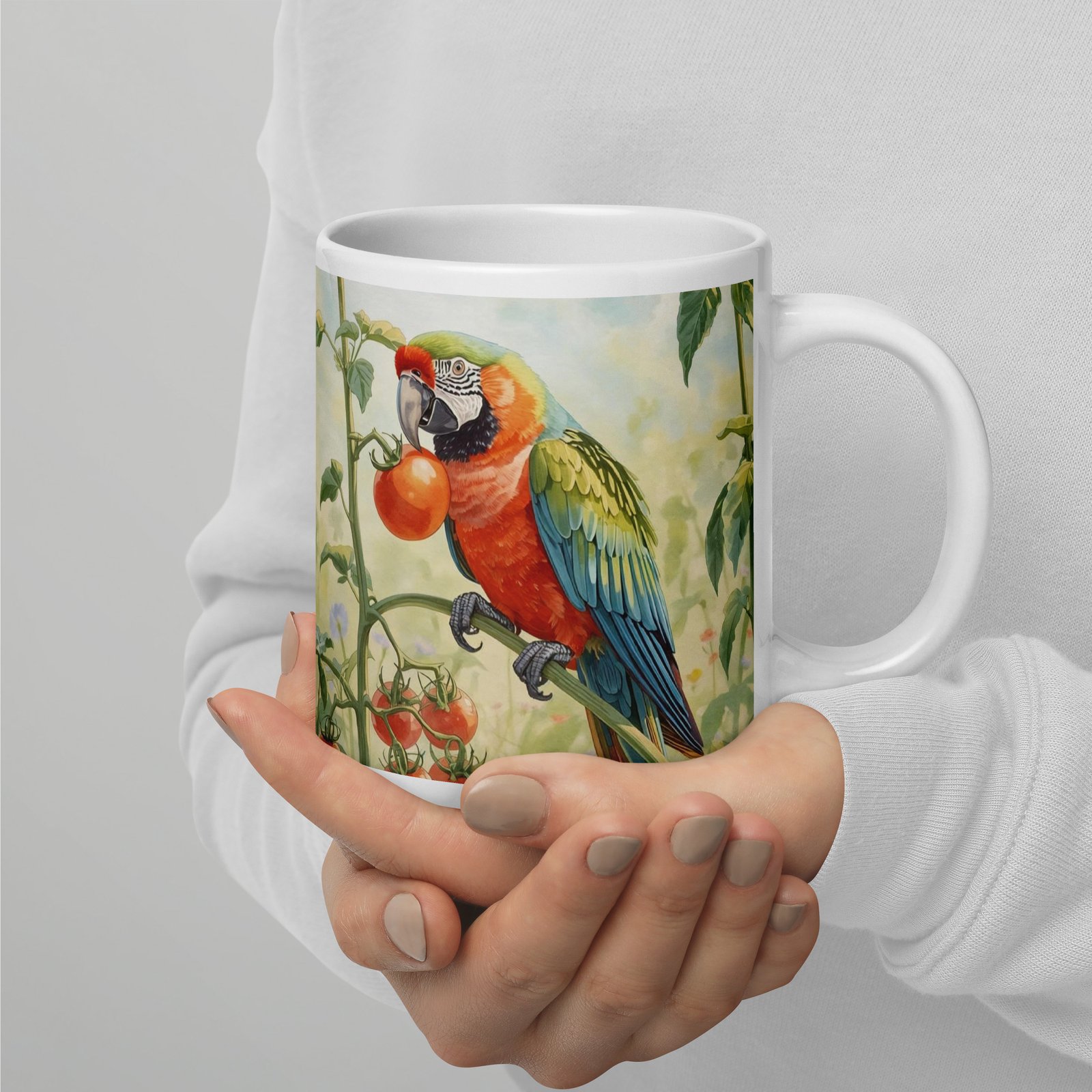Cottagecore Garden Tales – Parrot in the Morning Garden Illustration | White Glossy Mug - Image 7