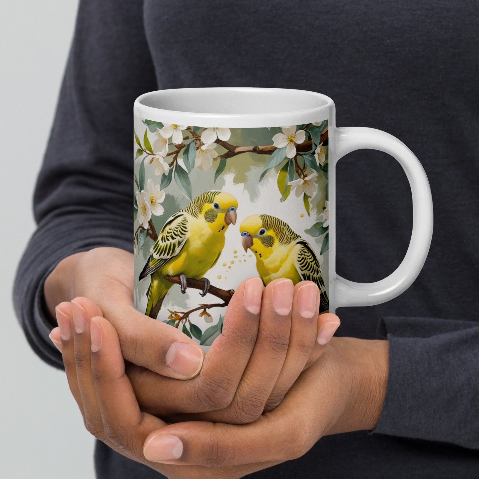 Parakeets & Pear Blossoms – Valentine’s Edition | White glossy mug - Image 5