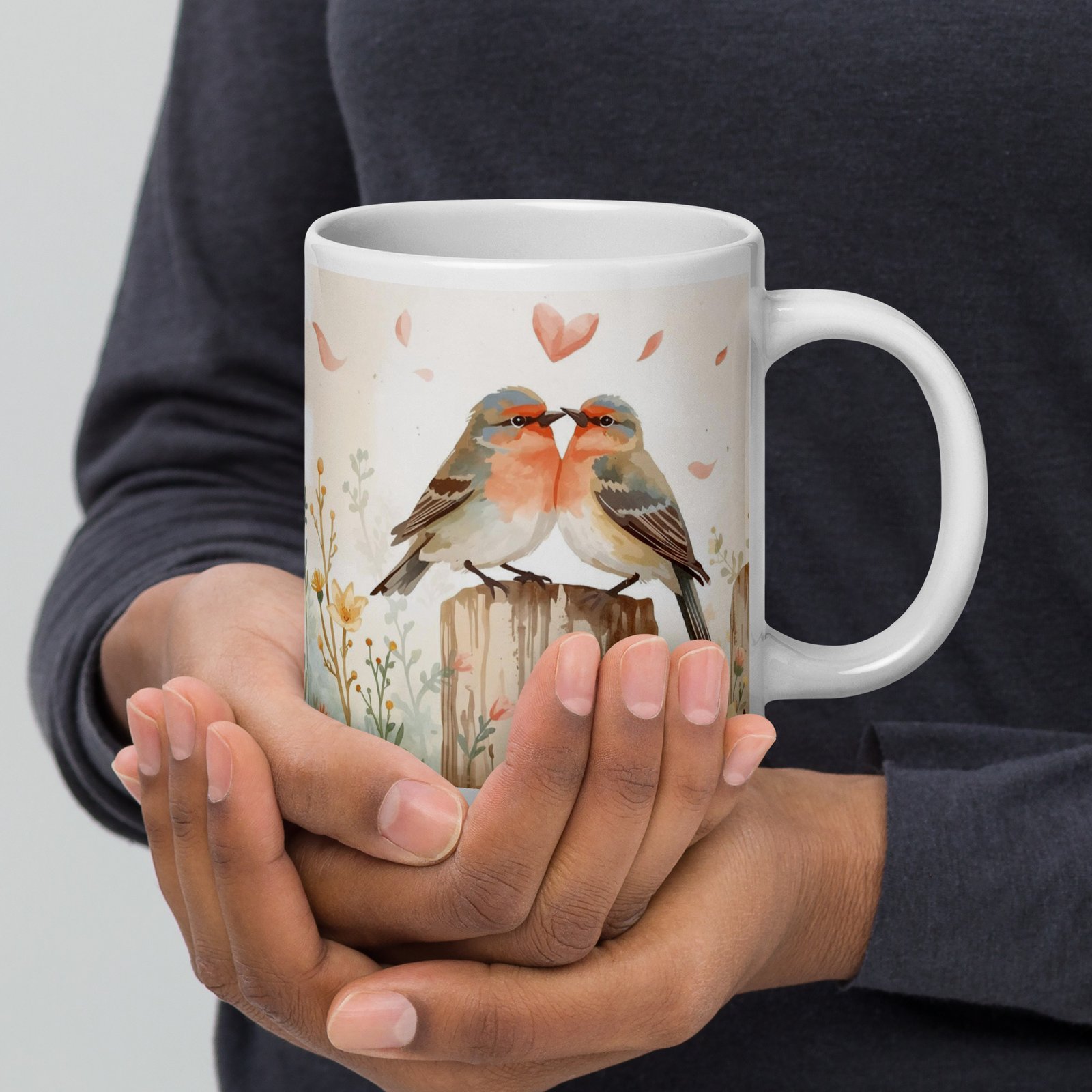 Cottagecore Lovebirds White Glossy Mug – Romantic Bird Valentine Gift - Image 5