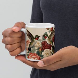 Vintage Rose Hummingbird – Romantic Cottagecore White Glossy Mug